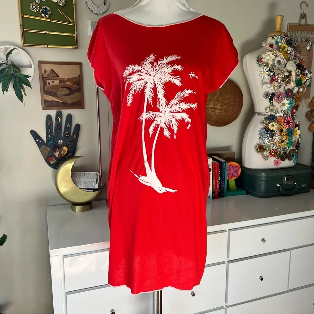 Vintage 1970s Hawaiian Flavor Palm Tree Cover Up Tunic Dress One Size Red/White